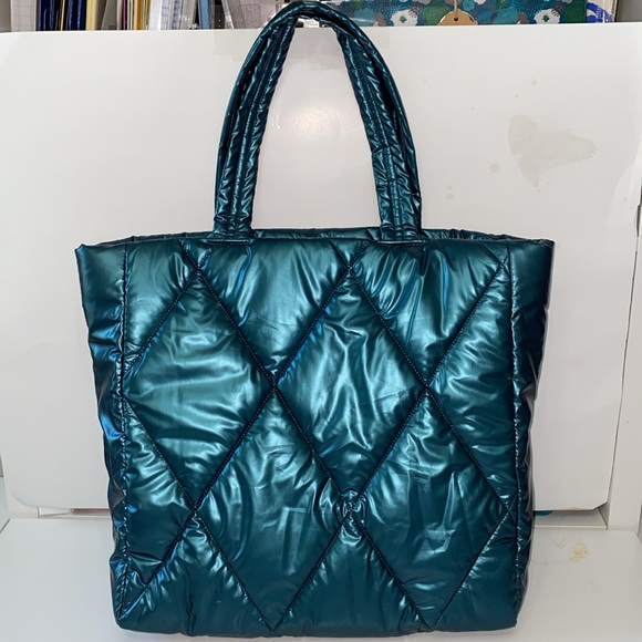 Victoria's Secret Women Tote Metallic Puffer Teal Quilted Shoulder Bag Gloss - Picture 3 of 7